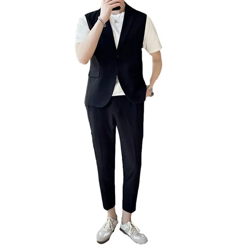 3-G28 Light mature style summer thin sleeveless suit men's Korean style simple niche design suit nine-point pants suit jacket