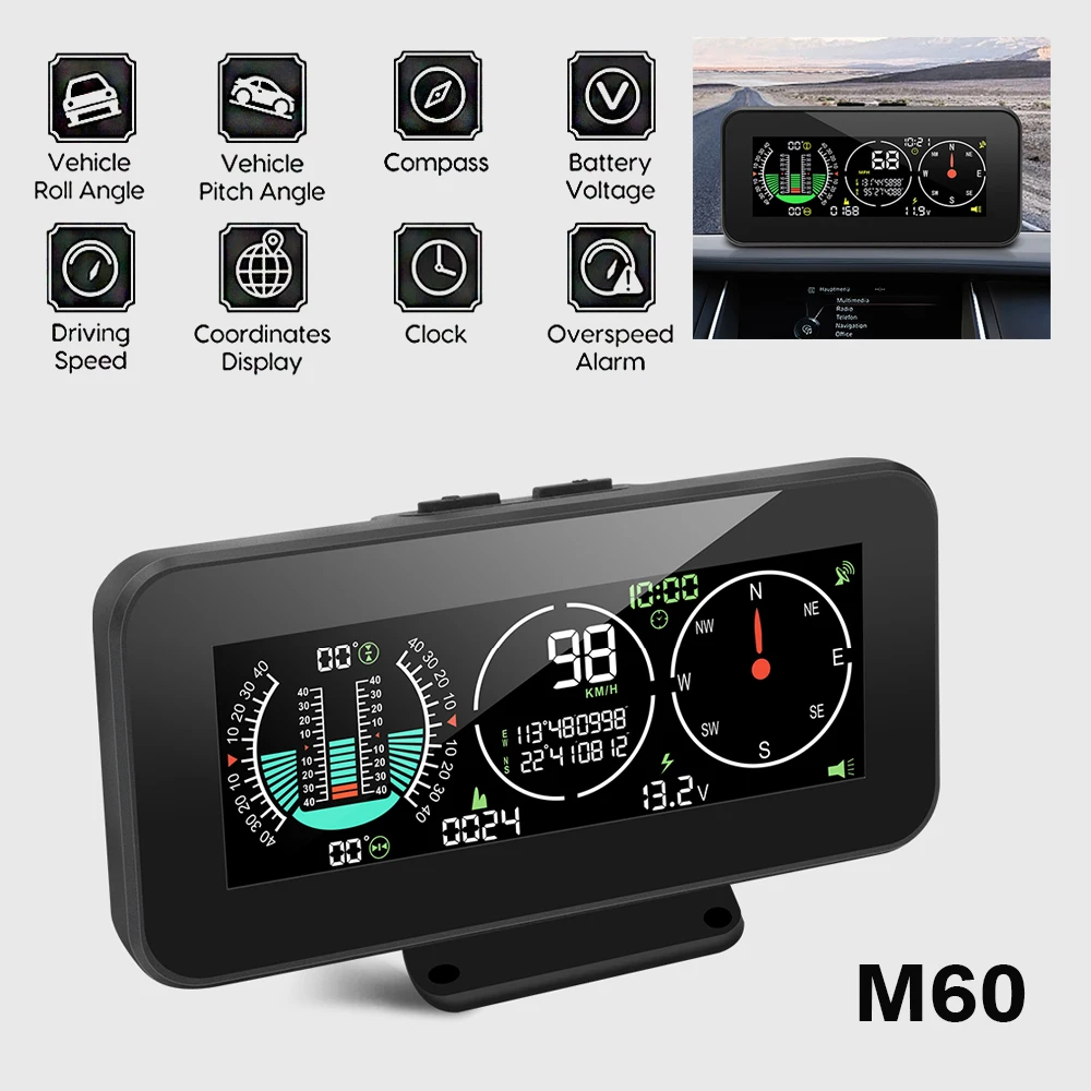 GPS Speedometer Off Road Accessories Car HUD Head Up Display Overspeed Alarm M60 Digital Speed Slope Meter Compass Inclinometer