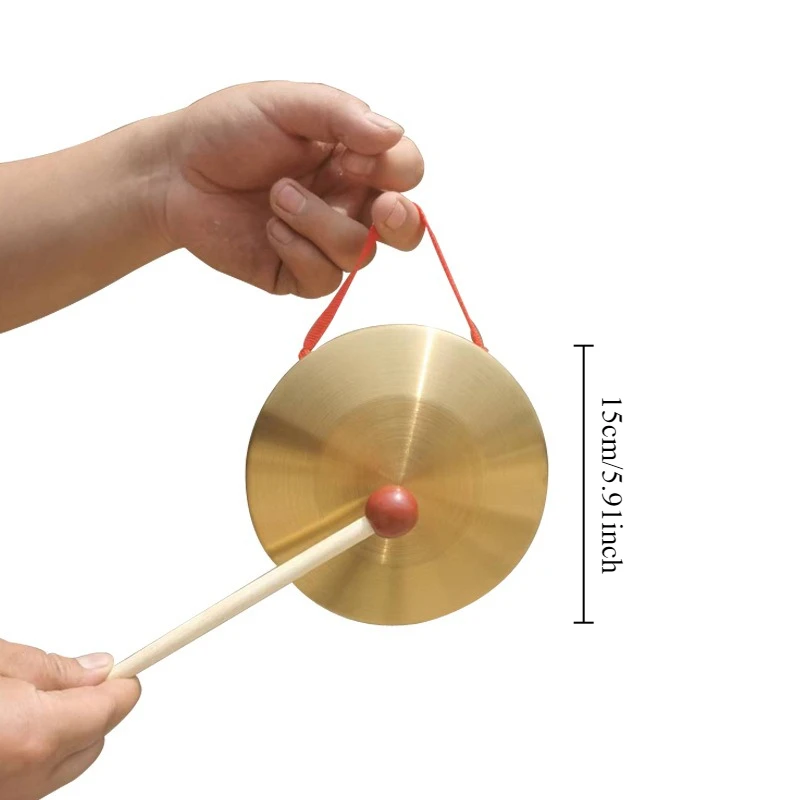 1Pc Hand Gong with Wooden Stick Traditional Chinese Folk Musical Instrument Toy for Kids Brass Copper Chapel Opera Percussion