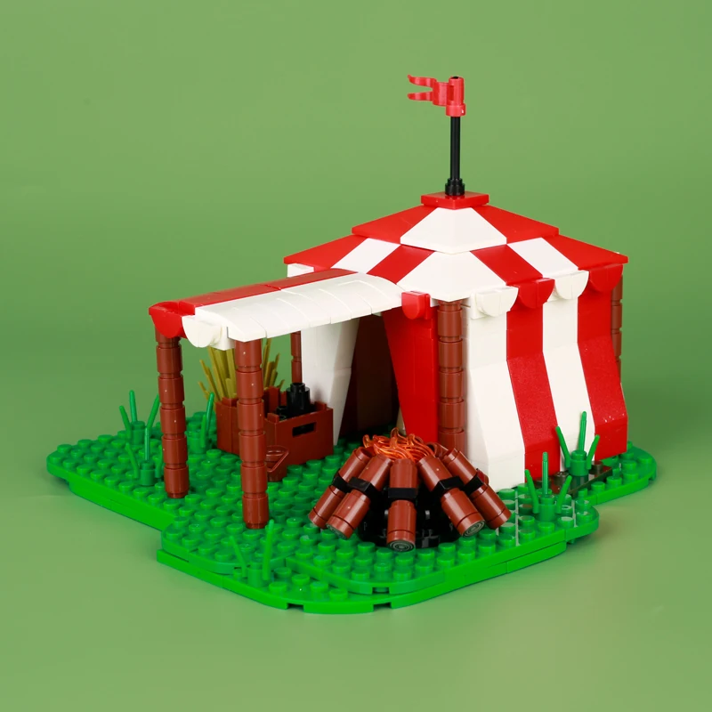 MOC – blocs de construction militaires médiévaux, accessoires de figurines de soldats, tente de feu de joie, transport, cheval de guerre, jouet en briques