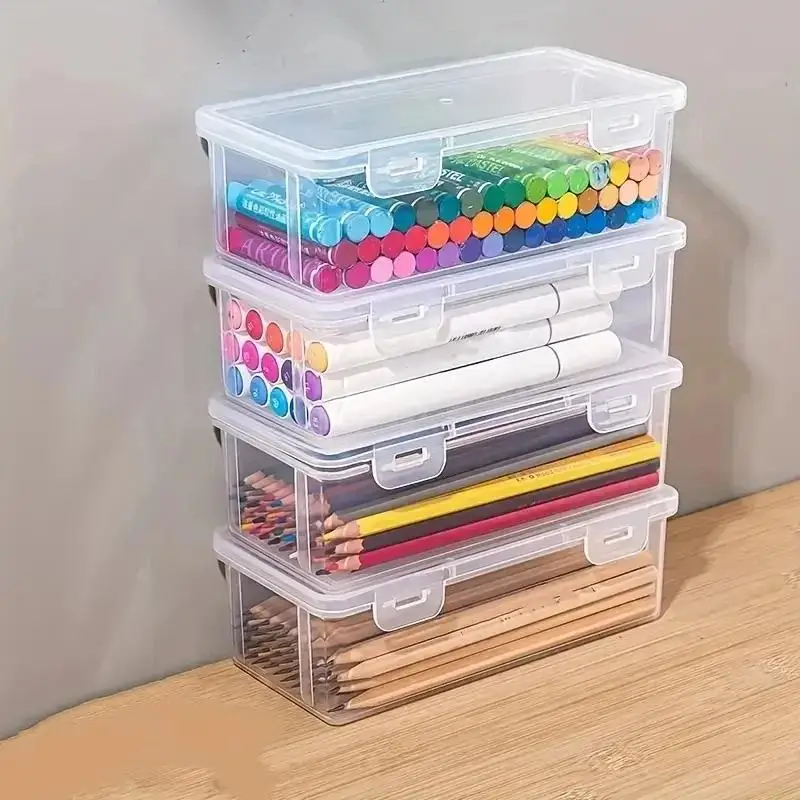 4Pcs Plastic Pencil Storage Box Transparent Large Capacity Pen Marker Organizer Box With Lock Lid For Student Stationery Craft