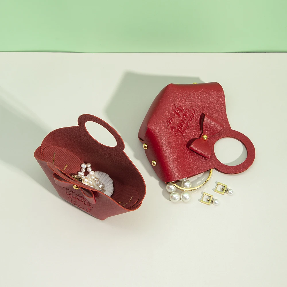 Christmas Red PU Leather Jewelry Candy Bag Box 16x9x7cm Wedding Candy Chocolate Handbag with Bowknot Soap Perfume Stocking Pouch