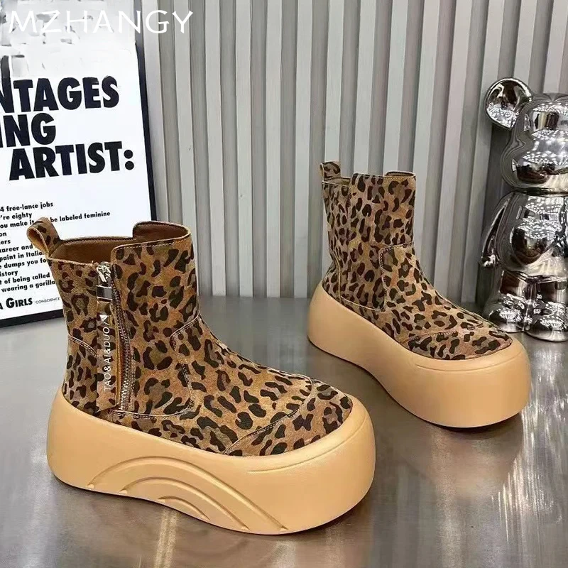 Platform Women Leopard Ankle Boots Suede Flats Fashion Shoes Woman 2025 Trend Winter Casual Sneakers New Cozy Mujer Snow Botas