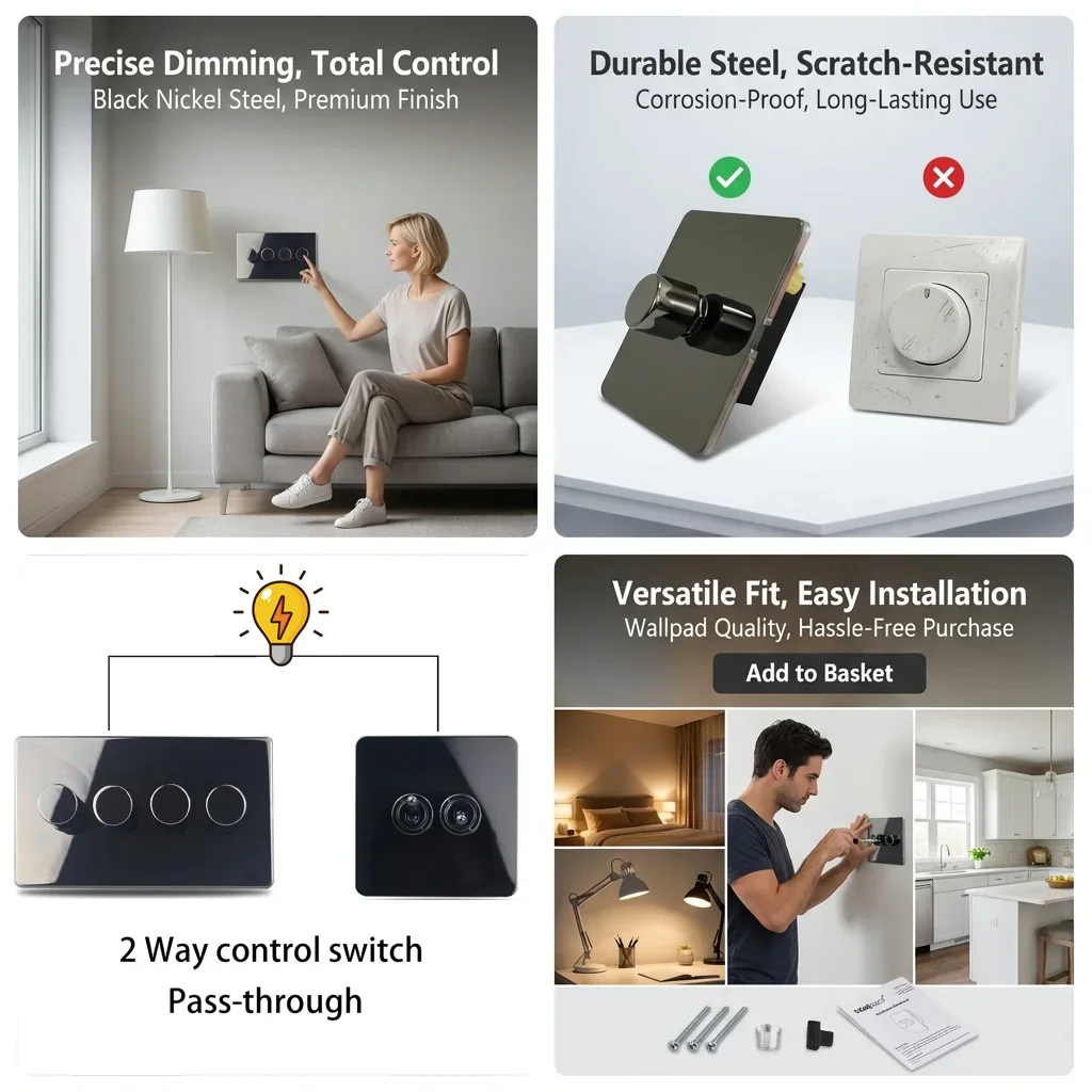 LED Dimmer Switch 2 Way 1 2 3 4 Gang Black Nickel Stainless Steel Plate Retro Toggle Switch EU 13A EU UK Power Socket Wallpad