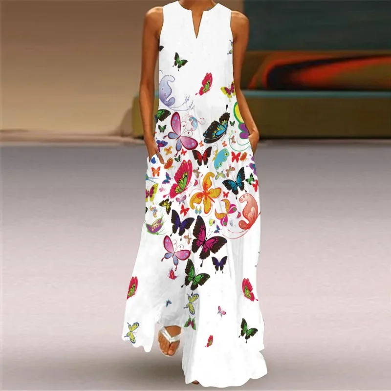Women's Summer Long Dress Ladies Simple Butterfly Flower Print V-Neck Dress Showing Face Elegant Party Dress Women's Beach Dress