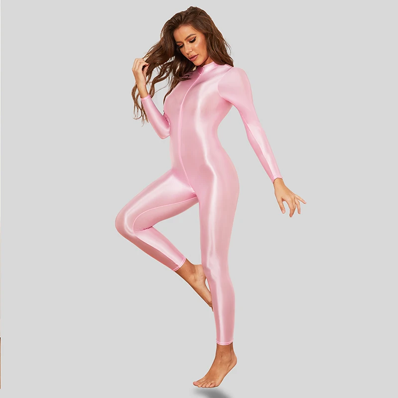 Shiny Satin Sexy Body Suits Women Long Sleeve Bodysuit Full Length One-piece Tights Silky Smooth Zipper Open Crotch Rompers