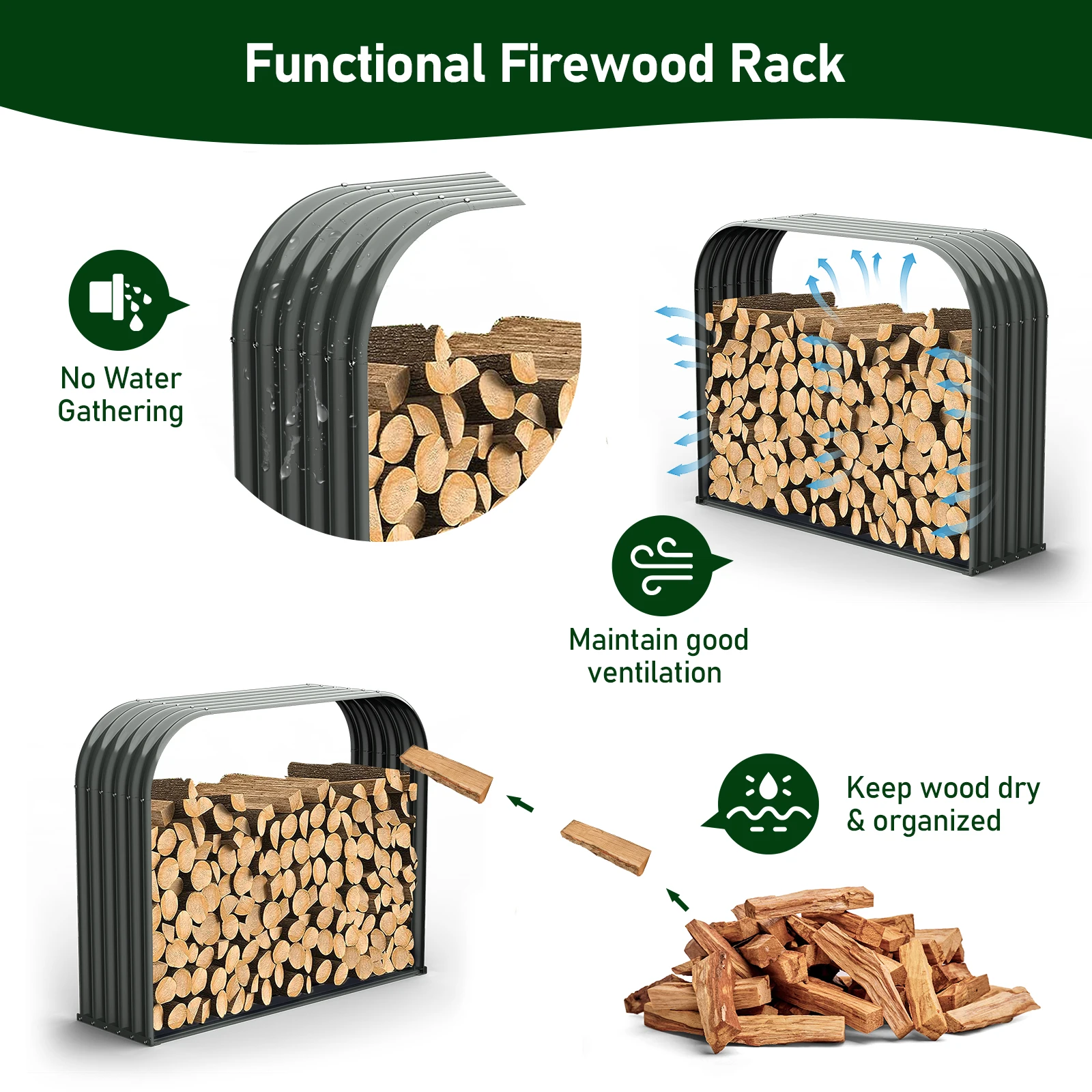 Galvanized Steel Firewood Storage Shed Outdoor Corrugated Metal Log Rack, Heavy Duty Log holder Lumber Storage Stand