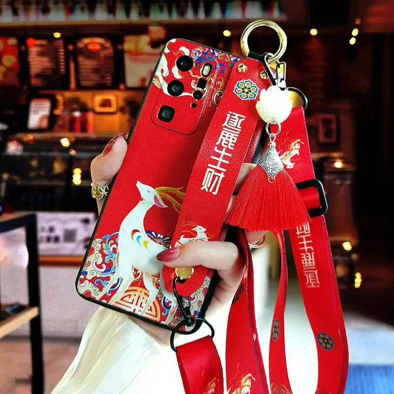 

Cartoon Spotted Deer Red Purple Leather Phone Case for Samsung Galaxy S25Ultra S24 S23 S22 S20 S10 with Wristband Lanyard