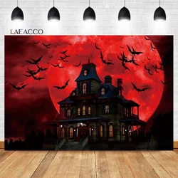 Laeacco Halloween Photography Backdrop Skeleton Bats Purple Red Scary Night Full Moon Haunted Castle Kids Portrait Background