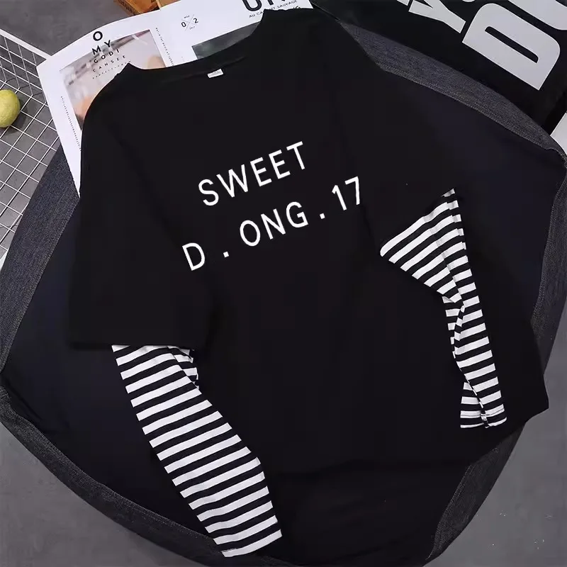 الموضة الكلاسيكية العصرية وهمية قطعتين تي شيرت بأكمام طويلة المرأة 2025 الربيع والخريف نمط جديد فضفاض الكرتون الربط #4