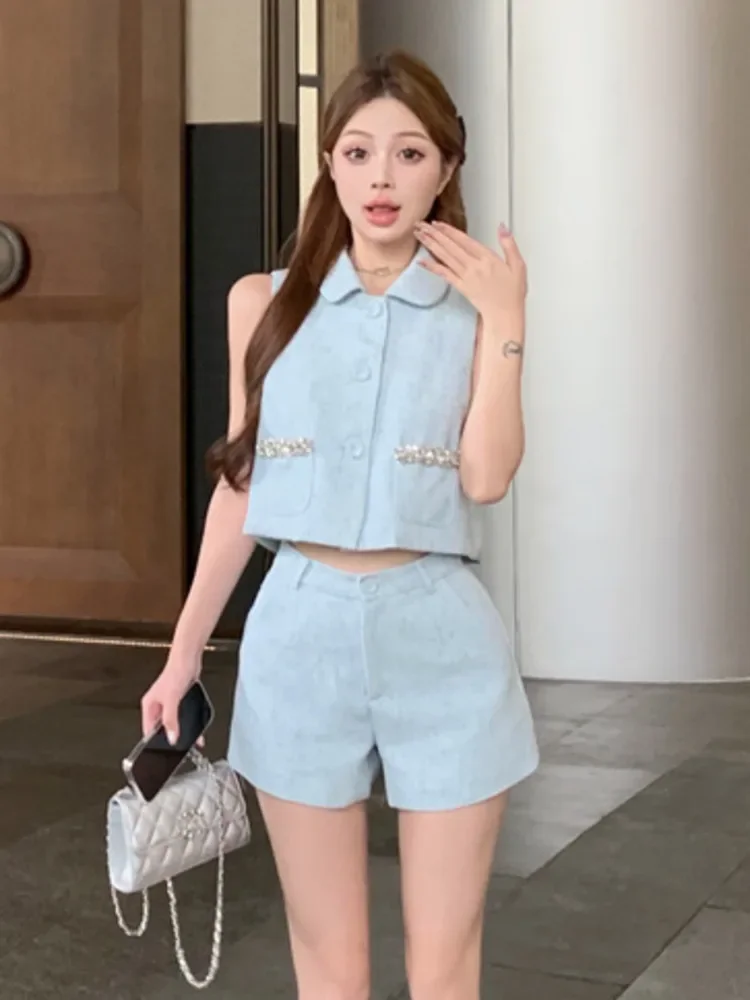 Women French Summer Sweet Girl Lady Two Piece Outfits High-end Small Fragrant Female Sleeveless Vest Top High Waist Shorts Set
