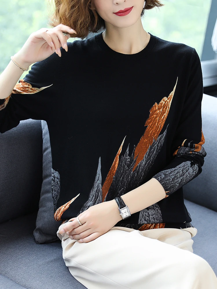 Print Women\'s Sweaters Spring Autumn Korean Fashion Pullover Long Sleeve Top Femme Soft O Neck Knitted Slim Sweater