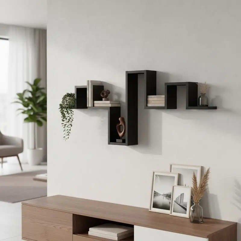 Wandregal in Eichenholzoptik Schwarz 104,5x43x10cm Dekorativer Aufbewahrungsregal für Wohnzimmer Schlafzimmer Innenbereich