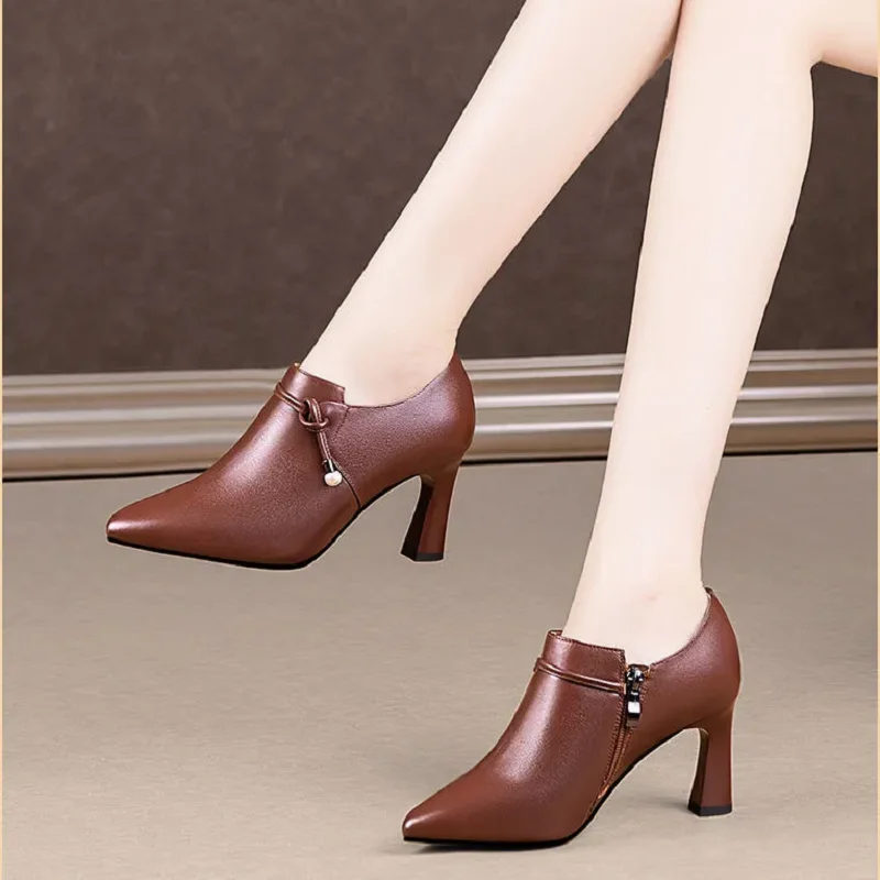 Botas Femininas Women Fashion High Quality Brown Stiletto Heel Ankle Boots Lady Casual Black Patent Leather Autumn Shoes A100