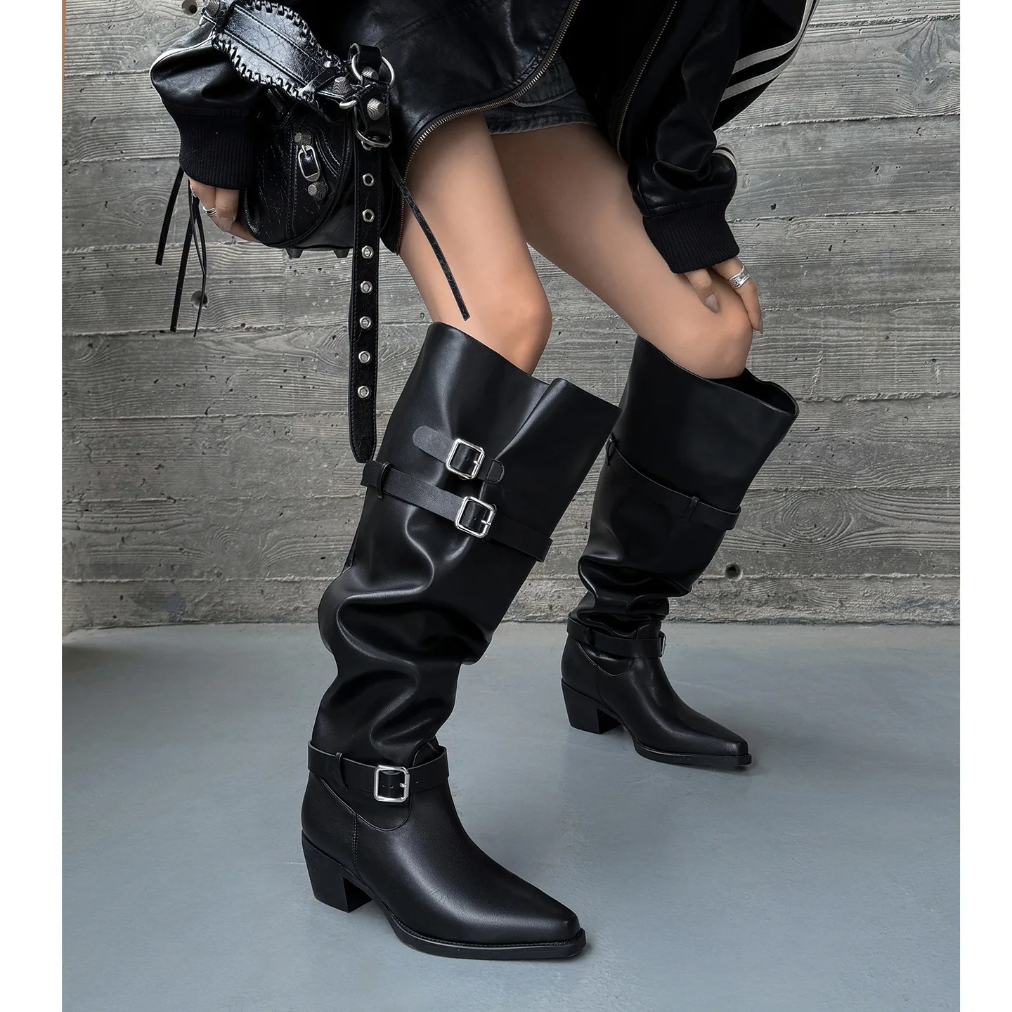 

Women Black Leather Slouchy Knee High Boots Square Toe Block Heel Boots Buckle Straps Vintage Western Style Autumn Winter Boots