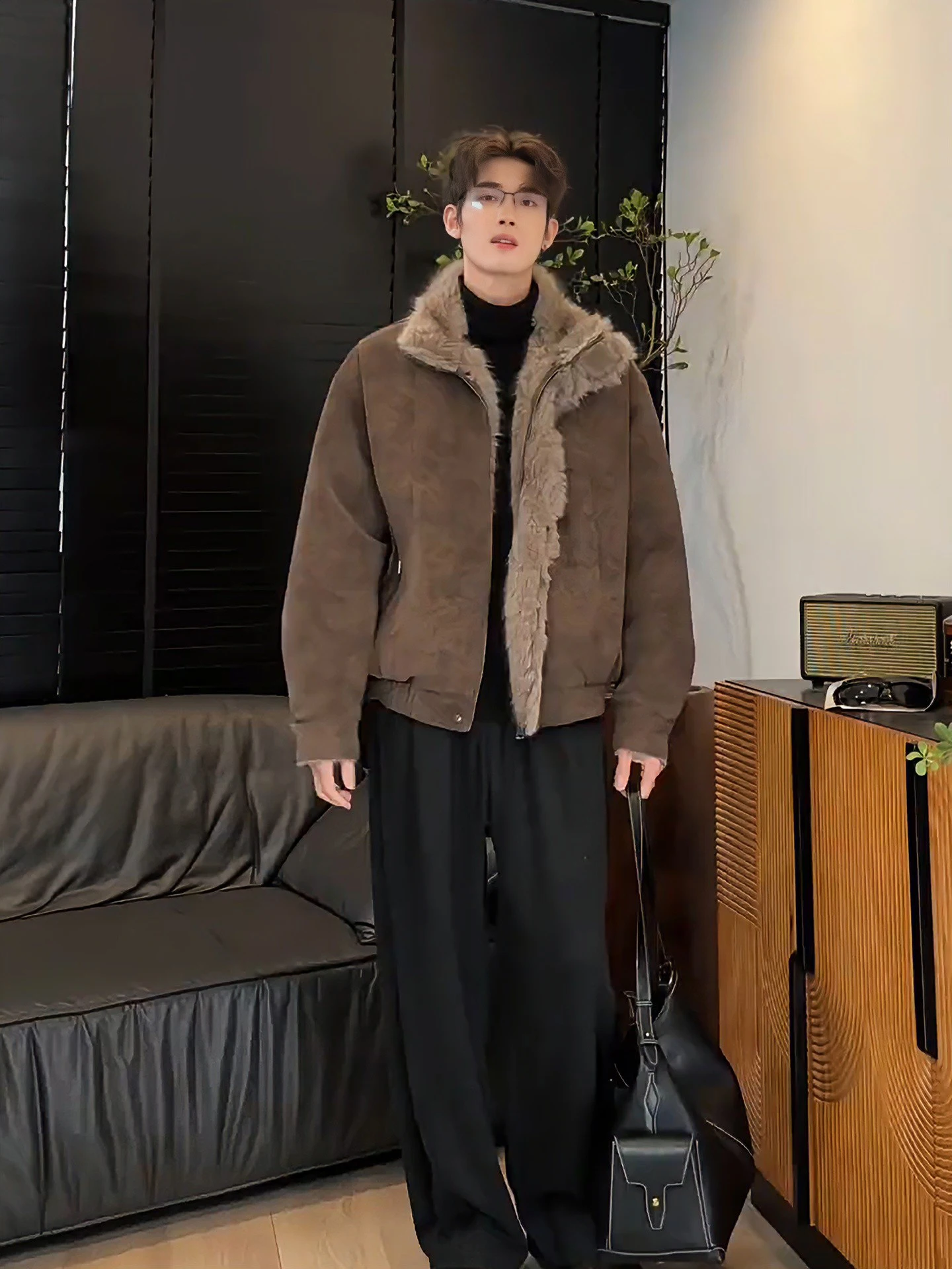 

Brown Meral Jaet Men's Winter ort Thiened Cotton Coat Fur Collar Leather And Fur Inteated Cleanfit Sle Casual Outer...