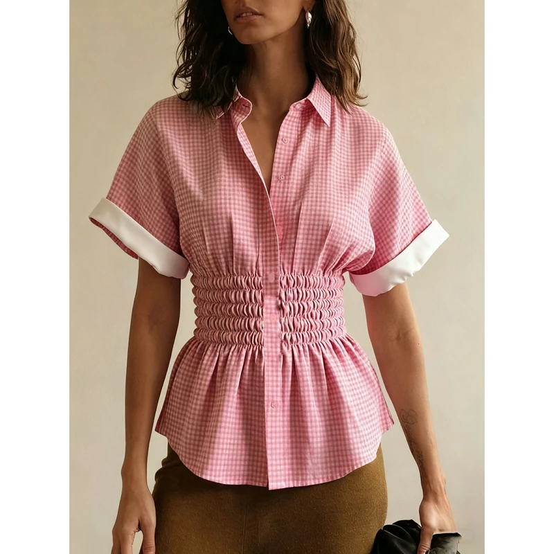 

Women Y2k Elegant Smocked Ruched Waist Shirts Short Cuffed Sleeves Button-down Lapel V-Neck Collared Ruffled Blouses