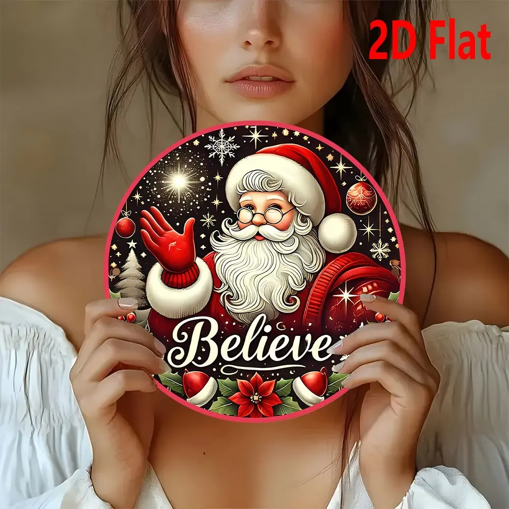 2D Flat, Christmas Metal Wall Decor - Santa Claus Waving with Believe - Red, Green, Golden Holiday Decoration - All-Weather Alum