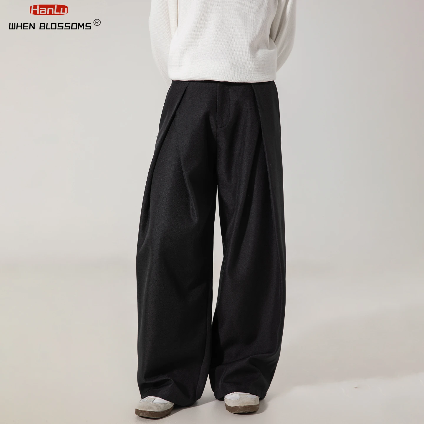 HANGLU 2025 Pantalones plisados cruzados para hombre, corte relajado, pierna recta, ropa de calle Vintage, pantalones casuales de oficina