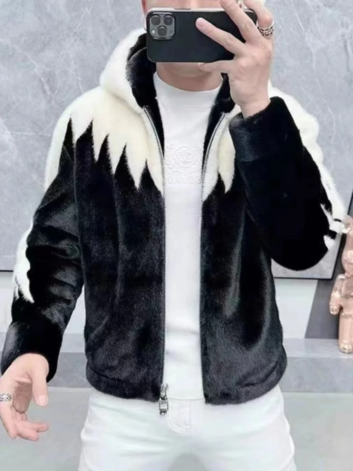 

Мужская утепленная бархатная куртка 2023 года, осенне-зимняя, высококачественная, черно-белая, с капюшоном, модная, теплая, молодежная
