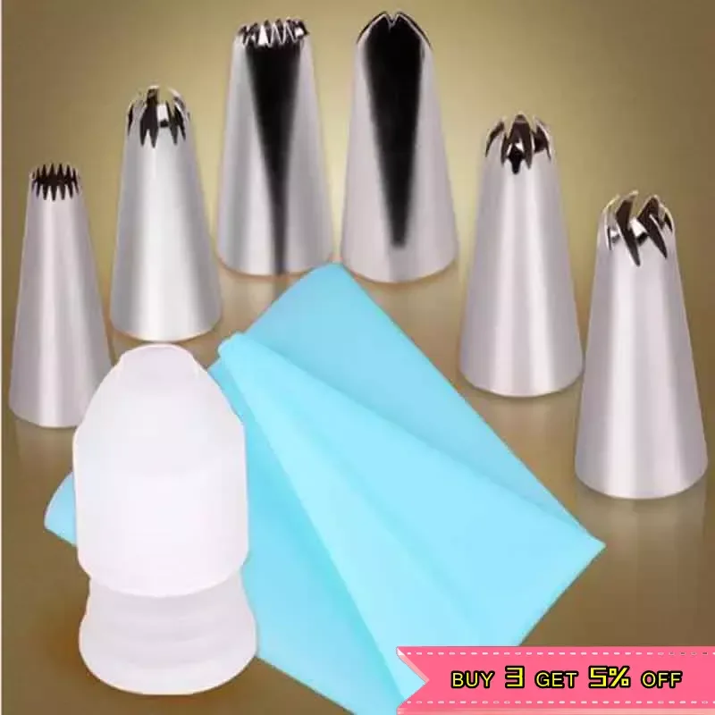 8 PCS/Set Silicone Kitchen Accessories Icing Piping Cream Pastry Bag + 6 Stainless Steel Nozzle Set DIY Cake Decorating Tips Set