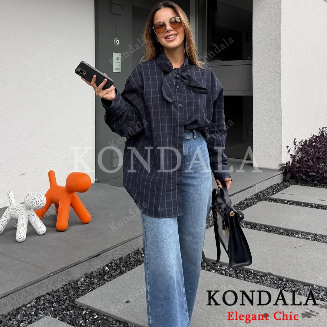 

KONDALA Women Versatile Plaid Scaf Collar Loose Shirt Office Lady Tops New 2025 Spring Fall Fashion Casual High Street Shirt