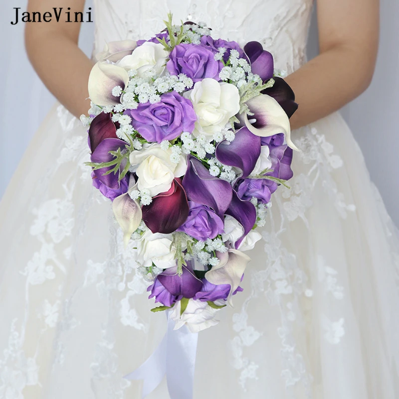 JaneVini Buket Pengantin Wanita Calla Lily Ungu Elegan Baru Air Terjun Bunga Mawar Putih Buket Pengantin Aksesori Pernikahan