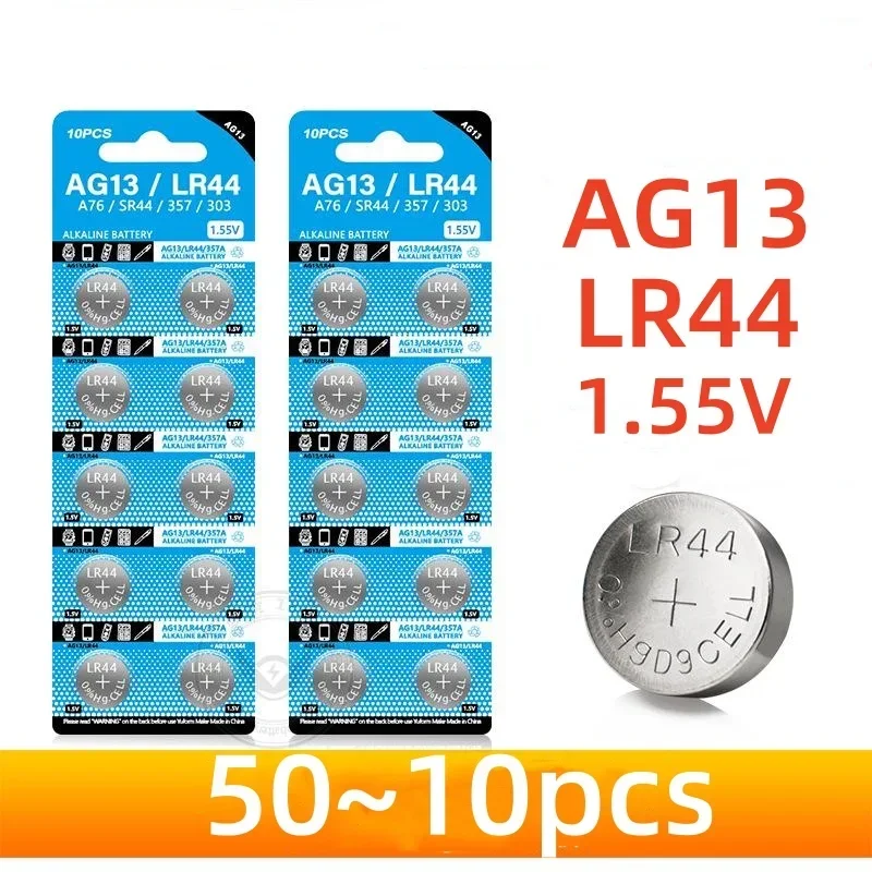 50/10 buah AG13 LR44 A76 357 357A LR1154 SR1154 SR44 1.55V baterai Alkaline untuk jam kalkulator kunci mobil jam jarak jauh tombol koin