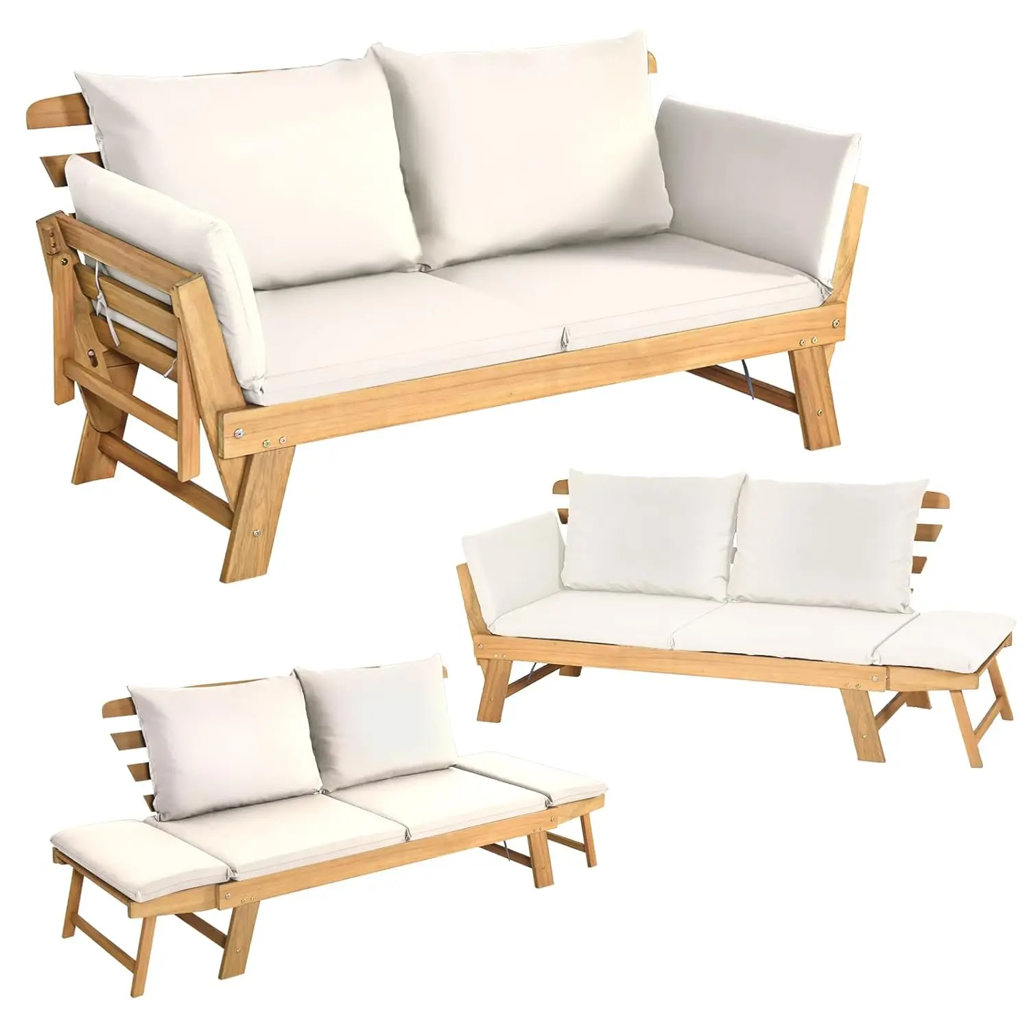 Sofá Cama Convertible para Patio, Chaise Longue de Madera de Acacia con Reposabrazos Ajustables, Cojín y Almohadas, para Exteriores, Personalizado
