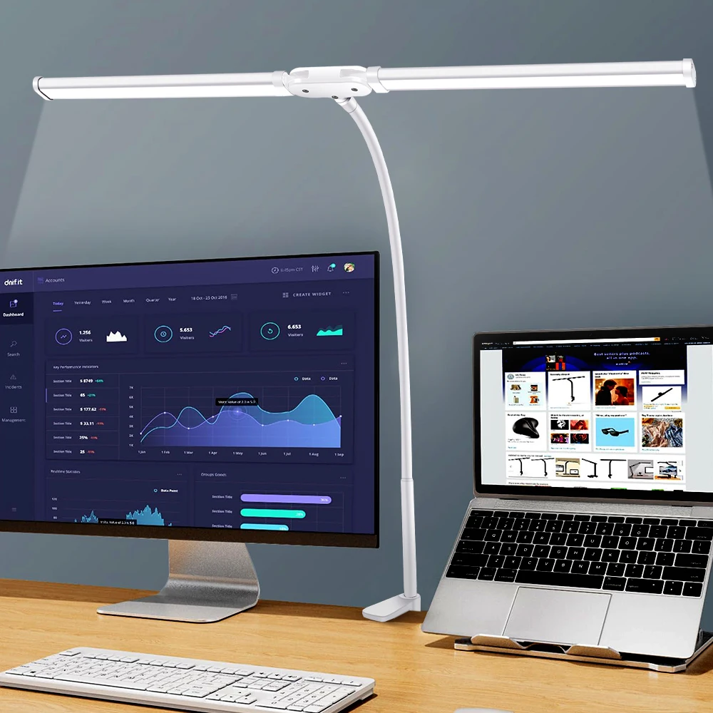 Lampa biurkowa LED z podwójną/pojedynczą głowicą do czytania Składana lampa stołowa z ramieniem wahadłowym z klipsem Możliwość przyciemniania Stacja robocza Komputer biurowy Ochrona oczu
