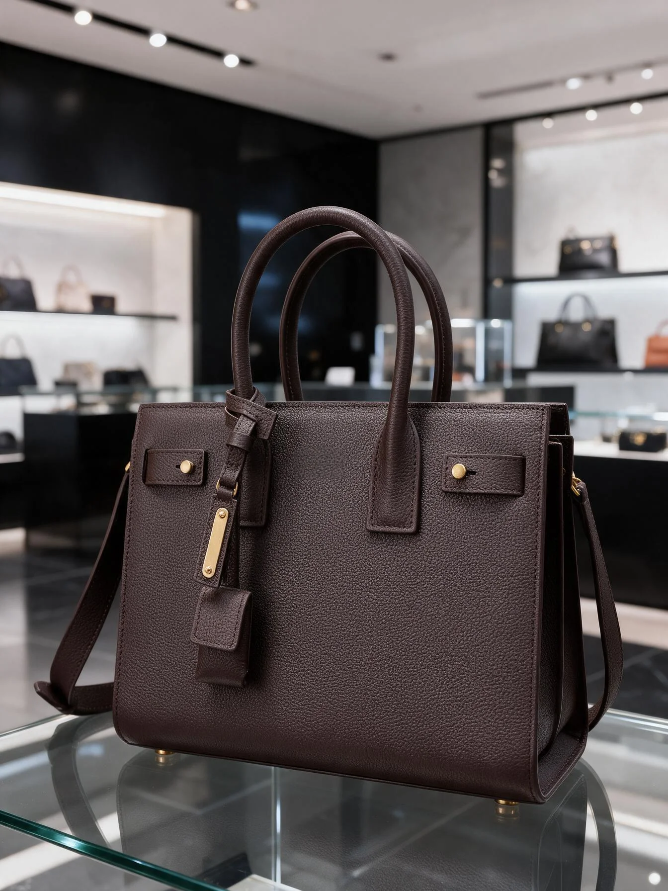Grain Leather Tote Handbag Women Top Handle Crossbody Bag Gold Hardware Minimalist Solid Commuter Shoulder Bag For Office