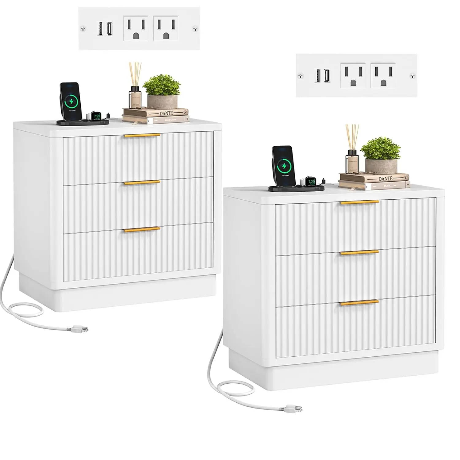 24'' Nightstand Set of 2, Outlet & 3 Drawers, Fluted Bedside Table