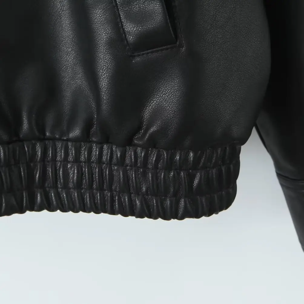 Jaqueta Fena Casual de Couro PU Moderna com Gola, Versátil, Caimento Solto, Manga Longa e Fechamento com Zíper