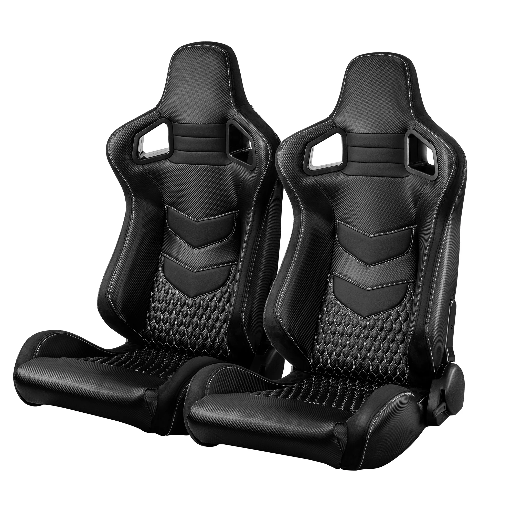 

New Design FORRacing Bucket Seat, Black PVC Leather Carbon Fiber Look, White Stitch, Adjustable, Dual Sliders
