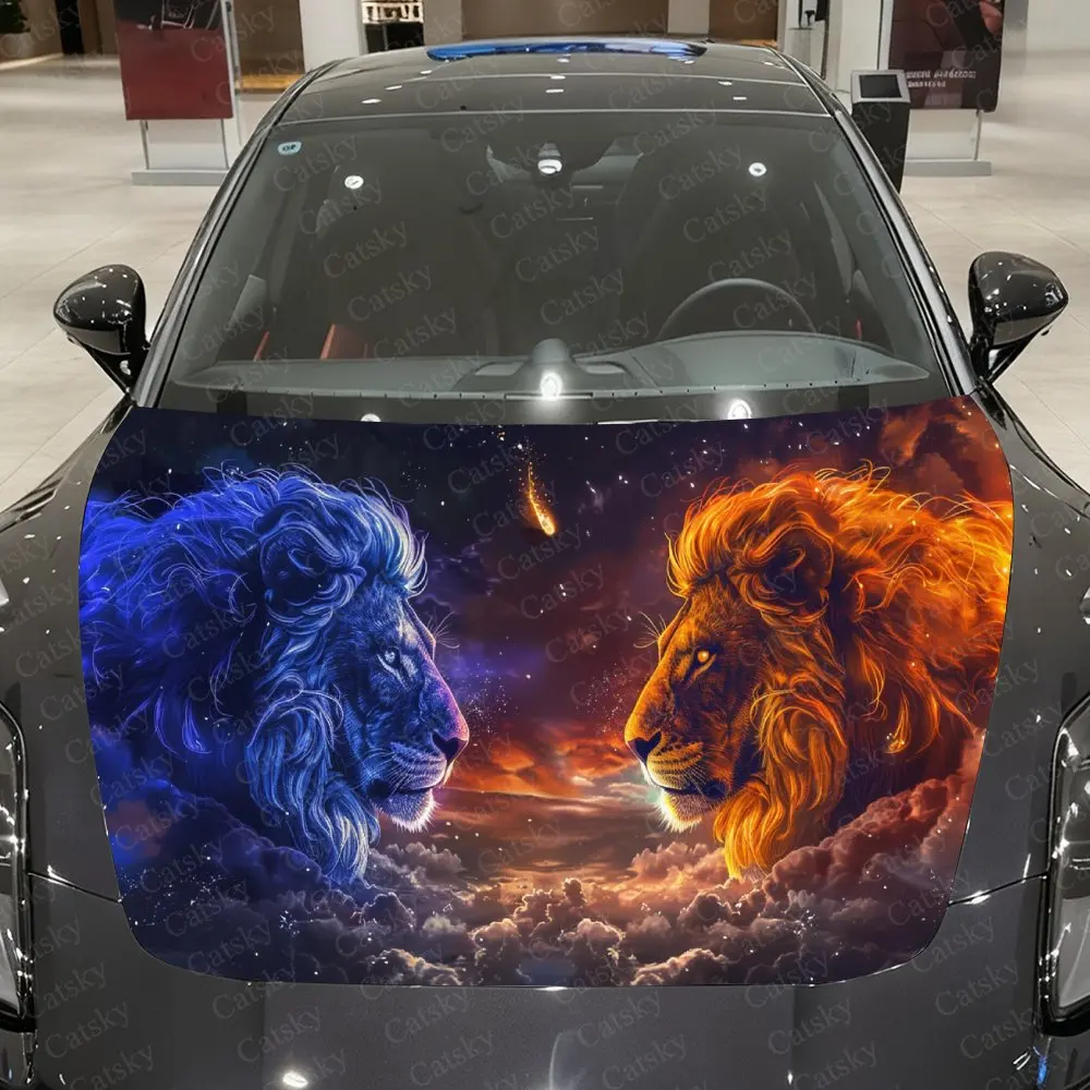 

Blue Red Interstellar Lion Car Vinyl Wrap, PVC Material Waterproof Car Hood Sticker, Self-Adhesive Scratch-Resistant Stickers fo