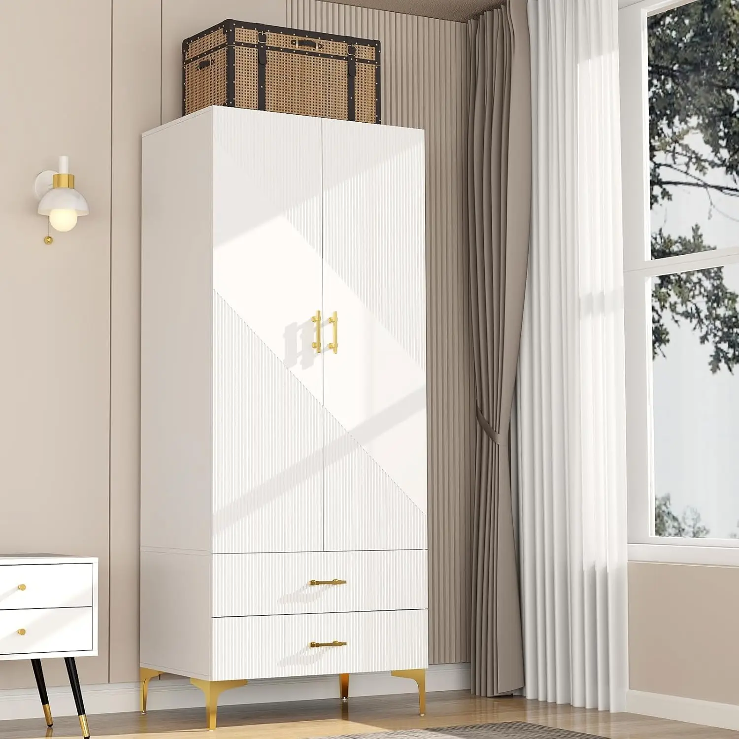 

Wood White Wardrobe Closet with Drawers: 2 Doors - 2 Drawers and Armoire with Hanging 1 Rod - Cabinet Handle with Metal Legs