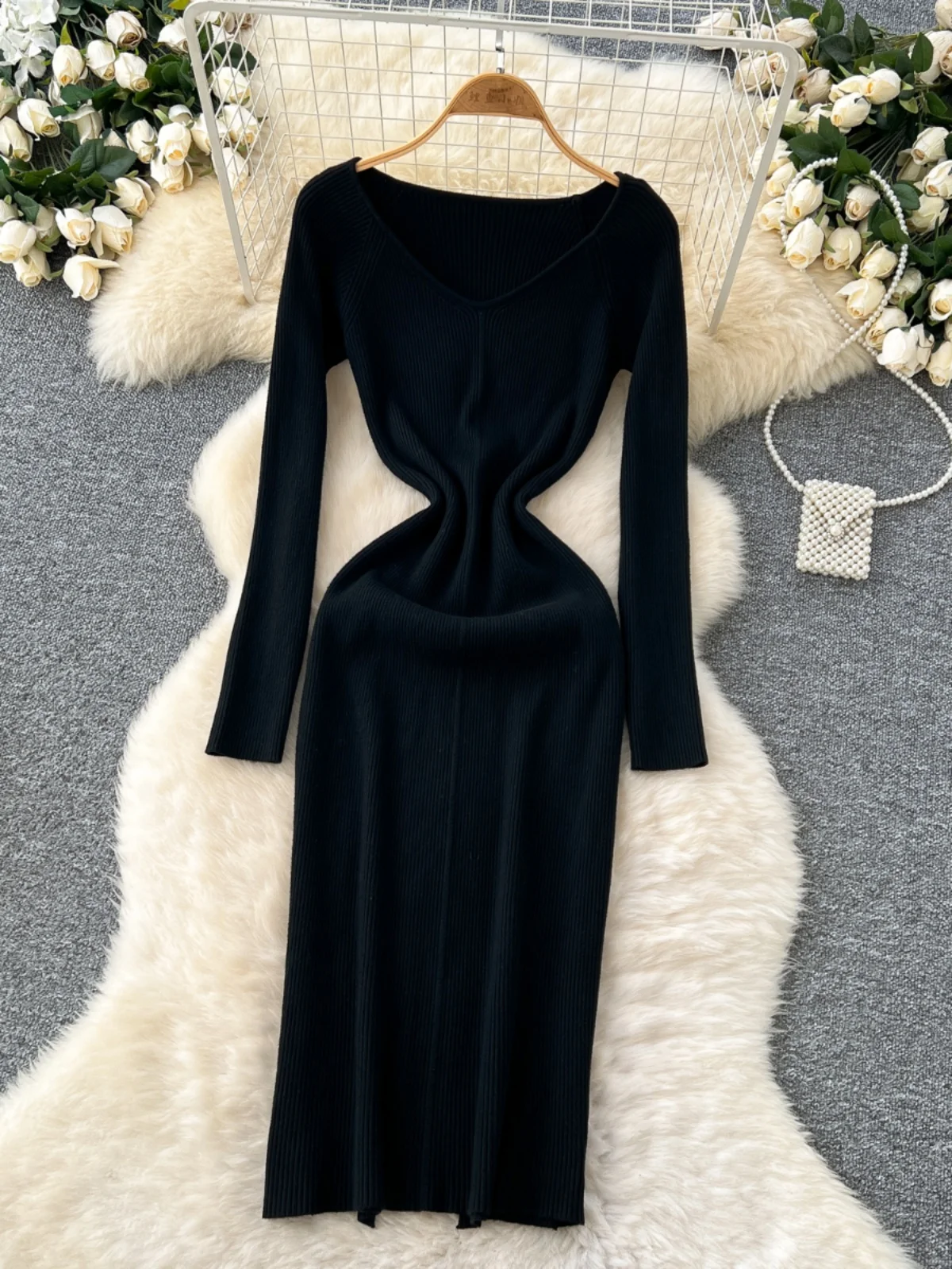 Ele Hoge Taille Gebreide Lange Sve V-Ne Dr vrouwen Slim Fit Vestido Midi Dr Koreaanse Sle Herfst Winter Faion