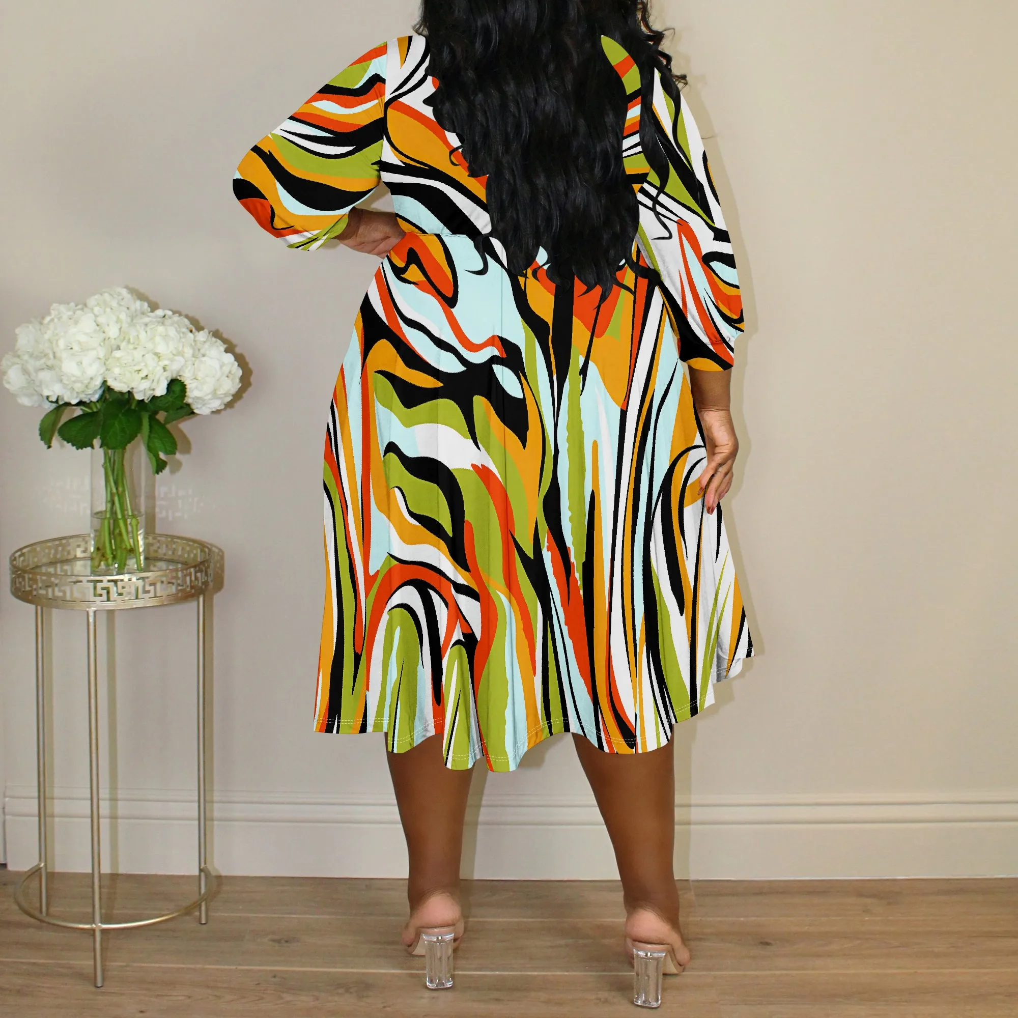 Plus Size Women's Pullover Sexy 3/4 Sleeve One-Shoulder V Neck Fashion Printed Summer Casual Maxi Dresses