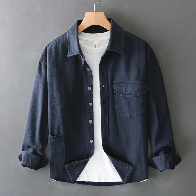 

Джинсовая рубашка из 100% хлопка, мужская длинная рубашка с длинными рукавами, американский ретро, весенний новый повседневный комбинезон, рубашка, куртка