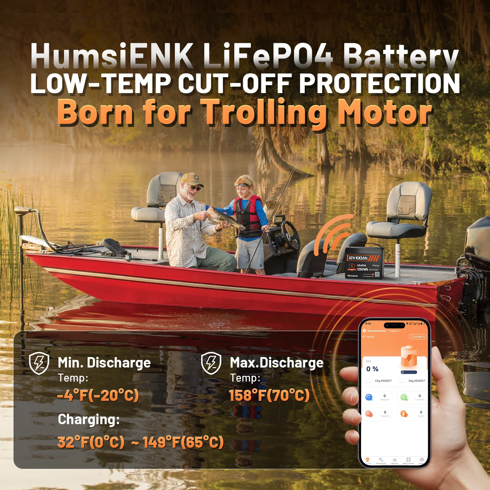 HumsiENK LiFePO4 12.8V 100Ah Grade A Battery 8000 Cycles Built-in Bluetooth & 100A BMS For Boat /RV /Camping/Portable/solar energy storage - view 8