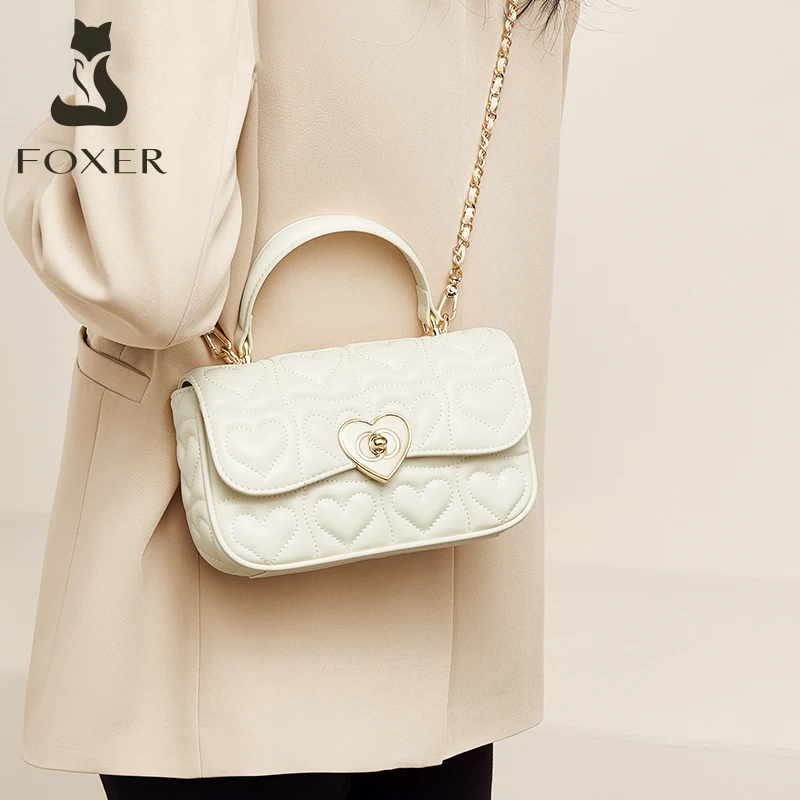 FOXER Women Split Leather Chain Shoulder Crossbody Bag Female Fashion Small Handbag Lady Valentine\'s Day Love Messenger Tote Bag