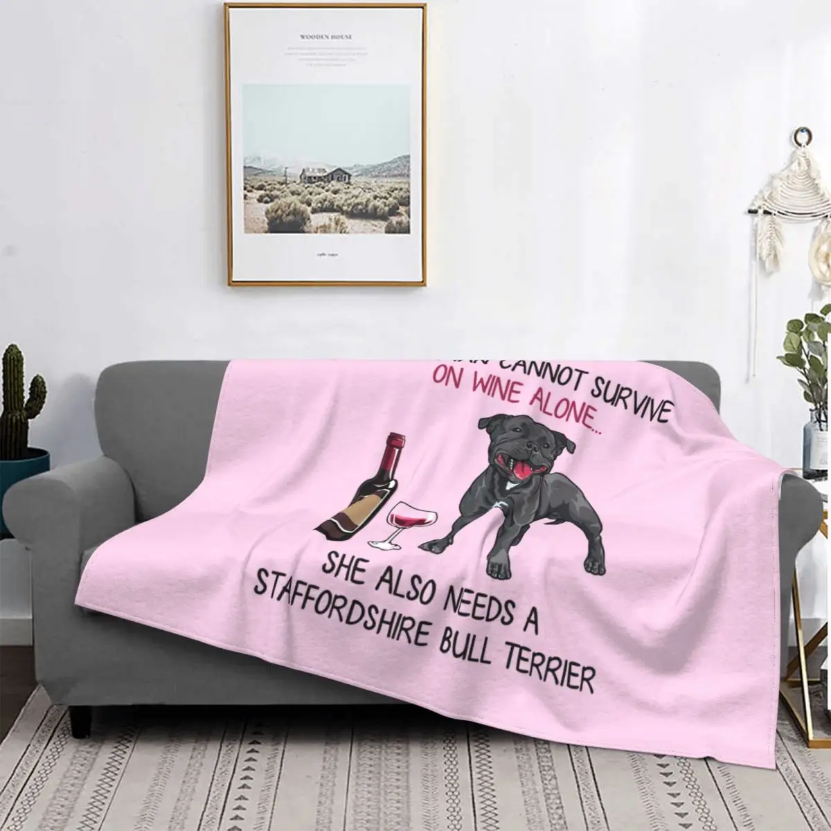 Staffordshire Bull Terrier And Wine Funny Dog Blanket Warm Fleece Soft Flannel Pet Puppy Lover Throw Blankets for Bed Sofa Home