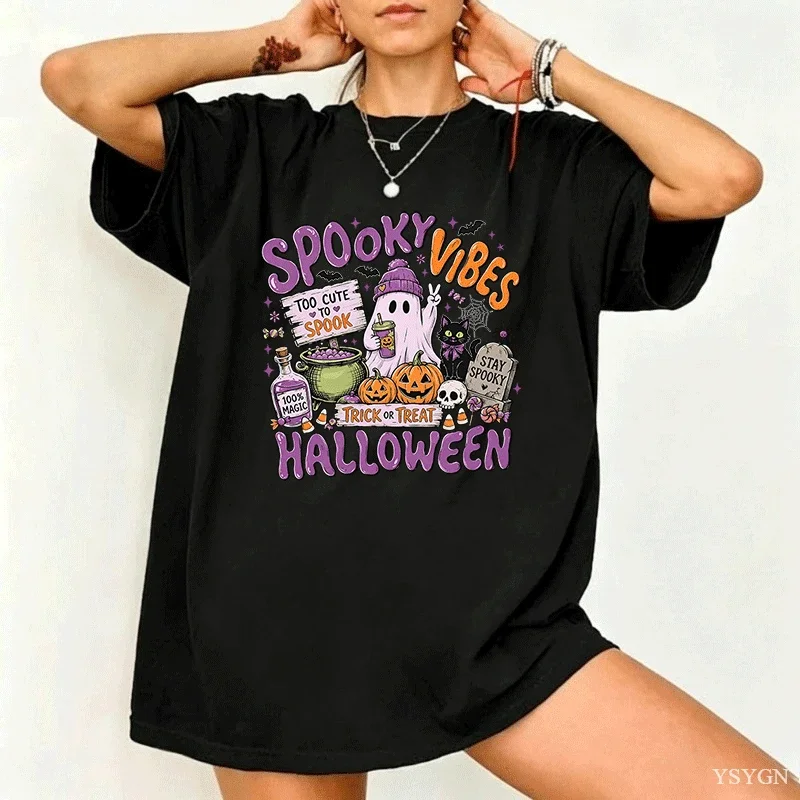 Halloween Ghost Reading Book T Shirts Men Women's Pure Cotton T-Shirts Round Neck Pumpkin Flowers Tee Shirt Clothing Plus Size