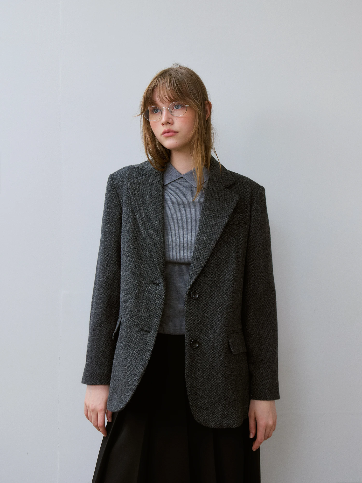 Retro Style Loose Fit Woolen Suit Jacket for Women Autumn Winter Fashion Commute Korean Version Full Woolen Tweed Coat