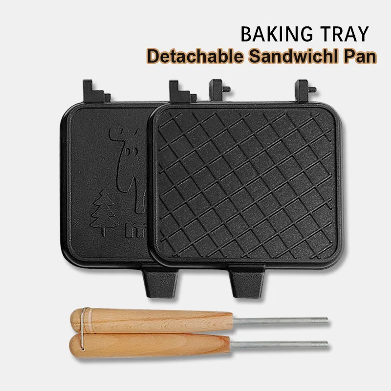 

Non-stick Sandwich Frying Pan Wood Handle Waffle Aluminum Alloy Bread BBQ Wood Handle Plate Toast Detachable Breakfast Pan