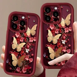 Vintage Red Floral Gold Butterfly Pattern Soft TPU Phone Case For iPhone 17 11 12 13 14 15 16 Pro Max XS X XR 7 8 Plus 16 Cover