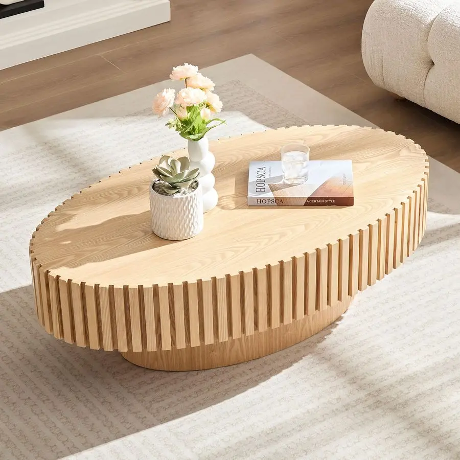 

Oak Oval Modern Coffee Table for Living Room, Contemporary Circle Fluted Drum, Easy Assembly, Wood 43.7 x 24.8 x 13.38