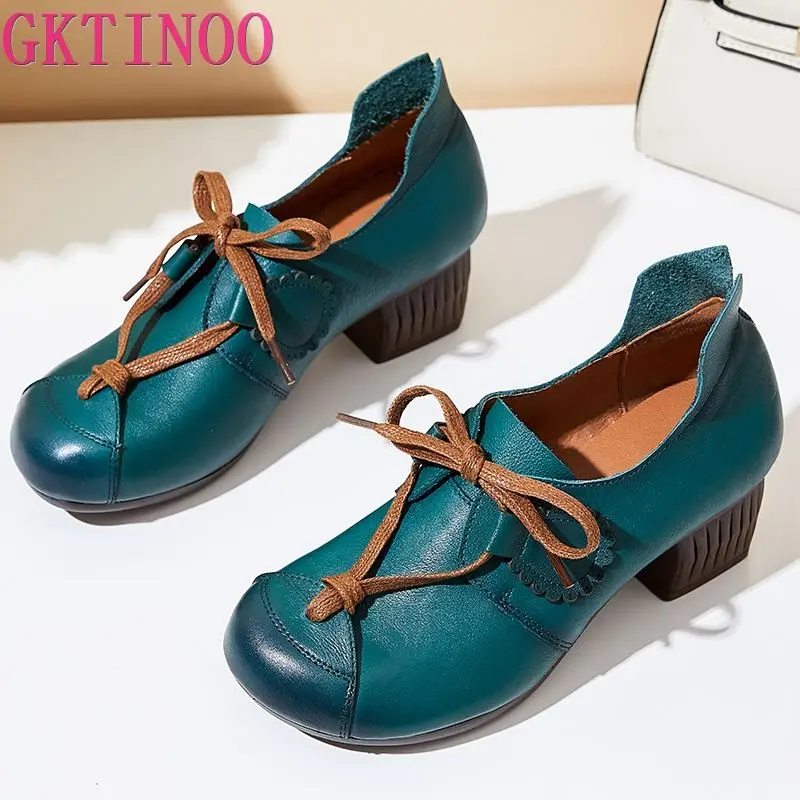 GKTINOO Retro Pumps Women Shoes Genuine Leather Lace-Up Comfortable Soft 2024 New Spring Autumn Handmade Concise Ladies Shoes