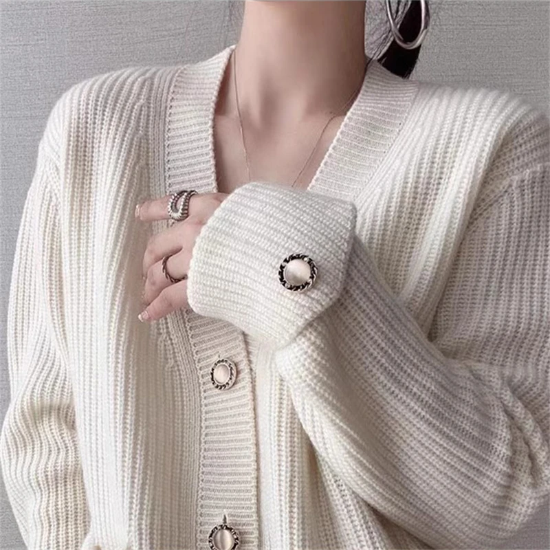 V-neck Loose Spring Fall Knitted Cardigan Casual Long Sleeve Knitwears Jacket Korean Fashion Sweater Women Vintage Tops New