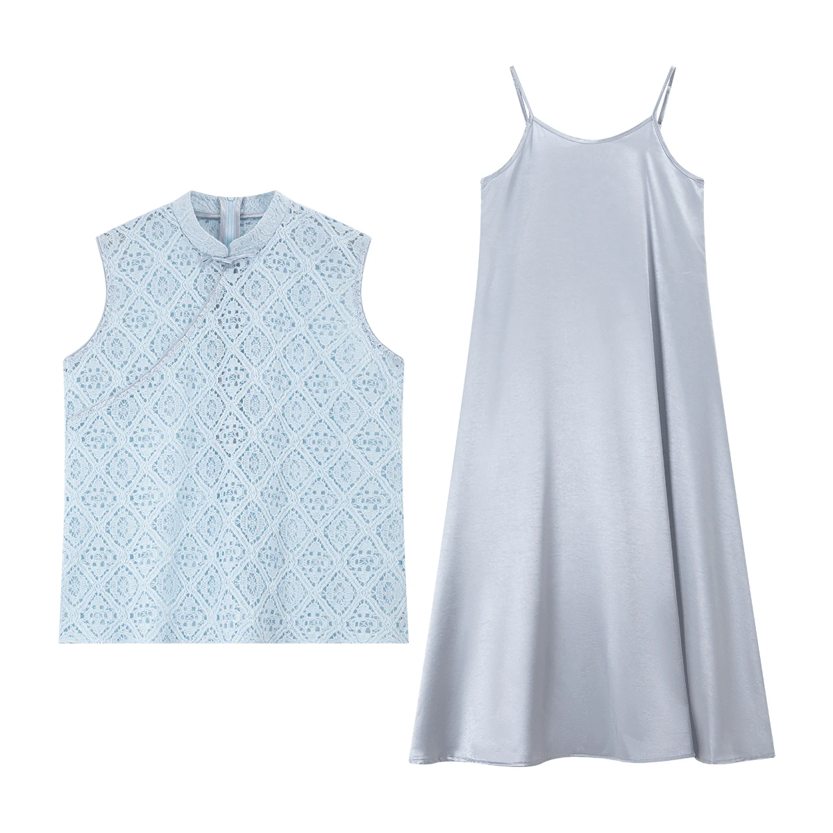 VIMLY Elegant Women's Dress Two-piece Set Heavy Cutout Crochet Sleeveless Top Satin Slip Dress Light Blue Summer Outfits 30960 view 6